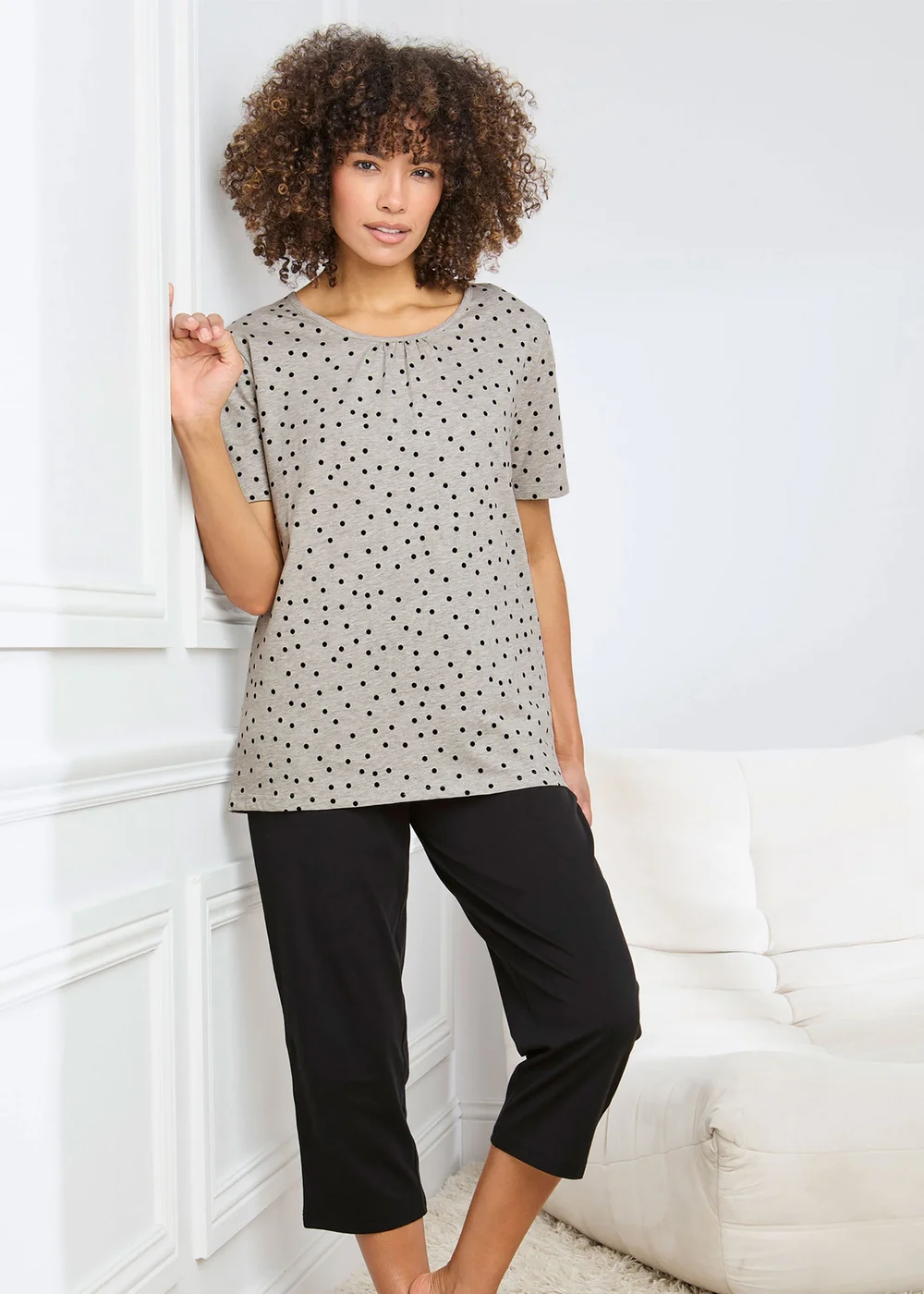 Cotton Traders Grey Marl Short Sleeve Cotton Cropped PJ Set - 22 Image 1
