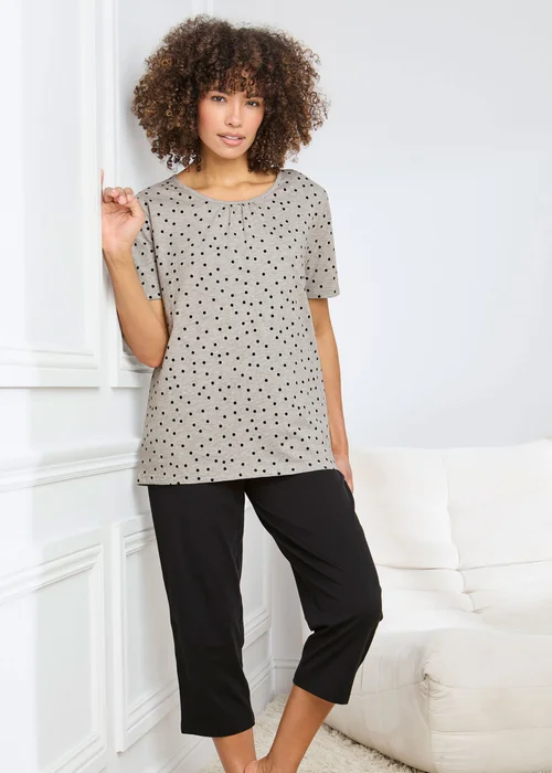 Cotton Traders Grey Marl Short Sleeve Cotton Cropped PJ Set - 22 Image 1