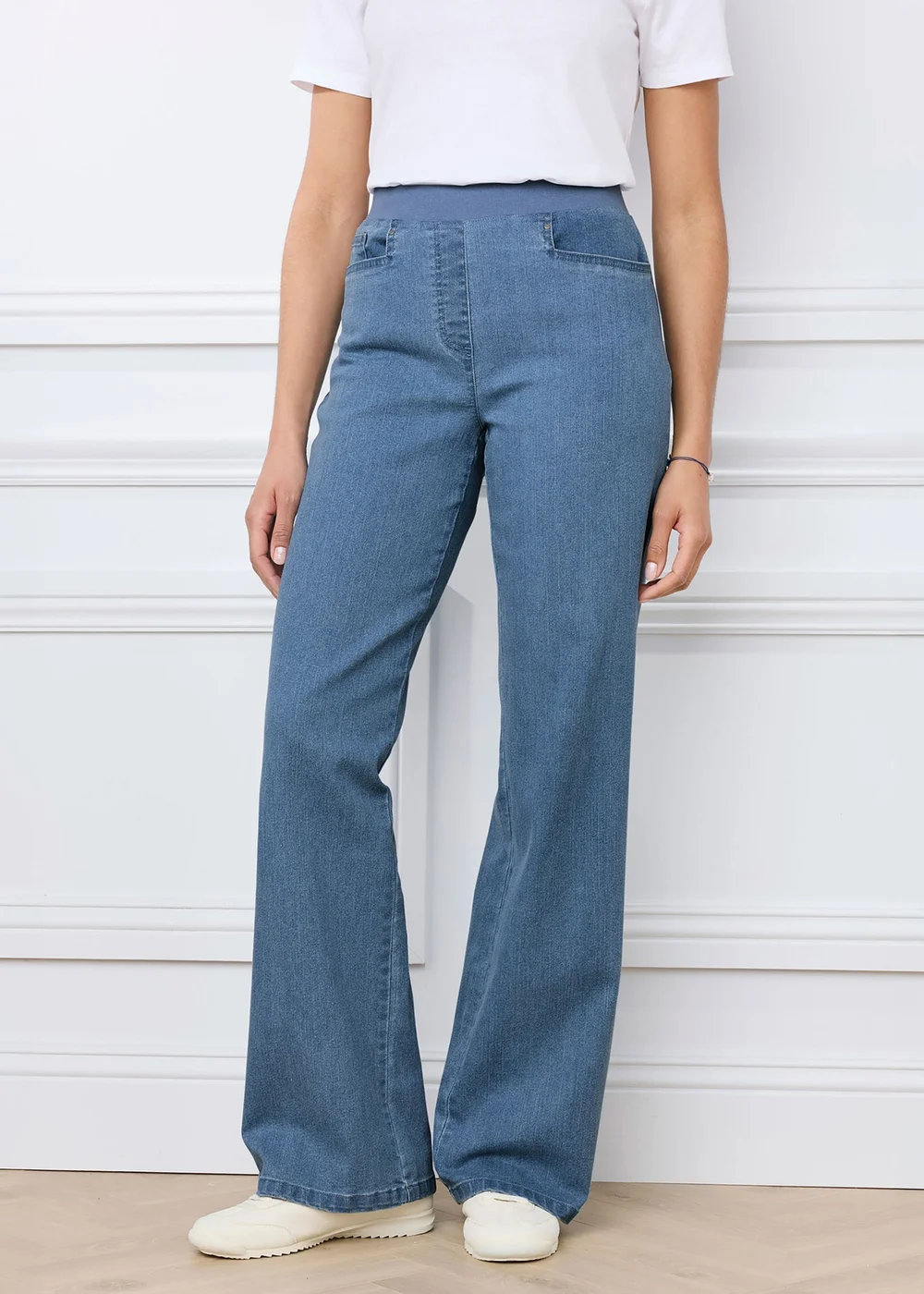 Cotton Traders Washed Blue Premium Pull On Wide Leg Jeans - 16/L29 Image 2