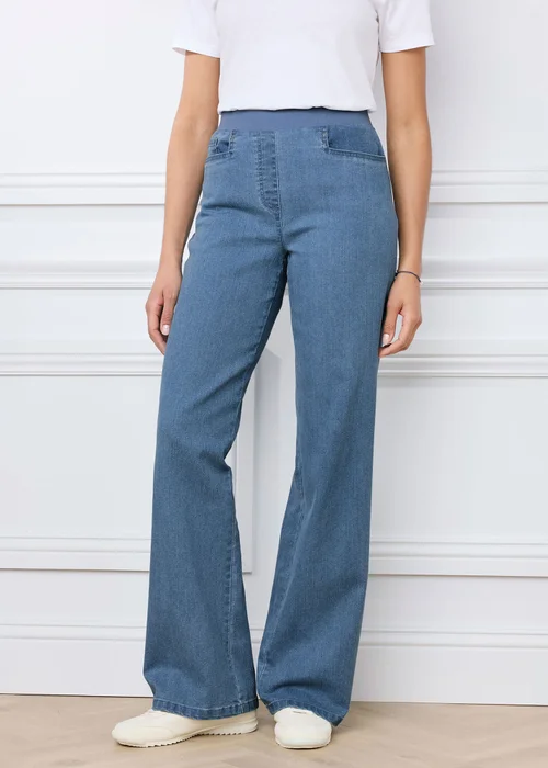 Cotton Traders Washed Blue Premium Pull On Wide Leg Jeans - 16/L29 Image 2