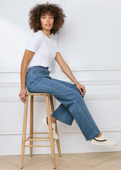 Cotton Traders Washed Blue Premium Pull On Wide Leg Jeans - 16/L29 Image 1