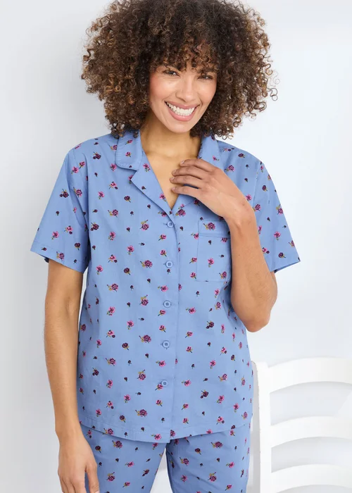Cotton Traders Cornflower Blue Cotton Woven Cropped PJ Set - 24 Image 2
