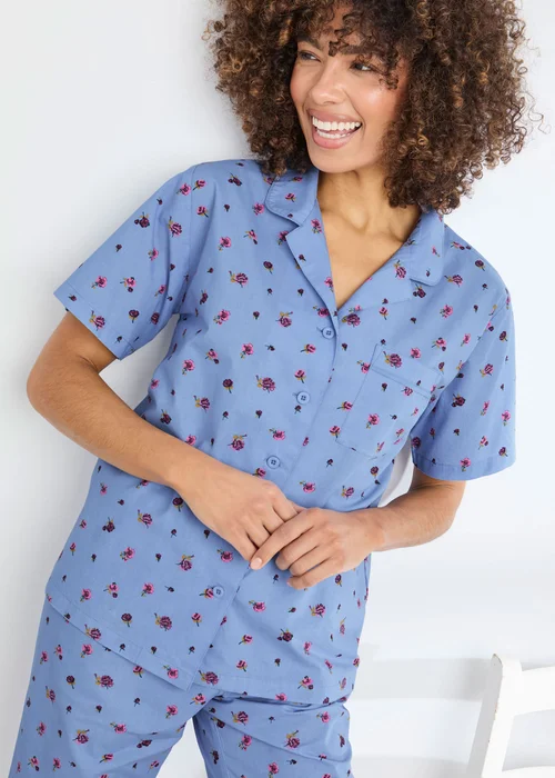Cotton Traders Cornflower Blue Cotton Woven Cropped PJ Set - 24 Image 3