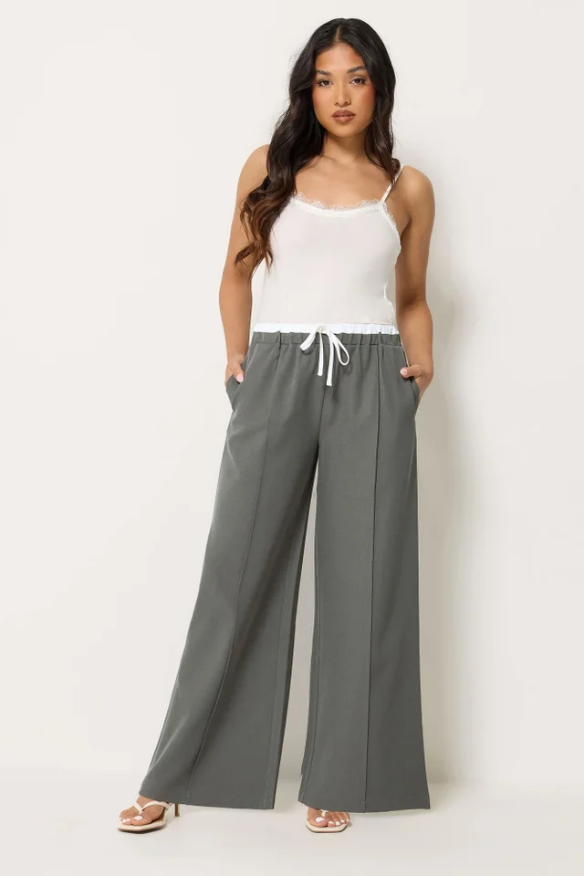 PixieGirl Petite Grey Contrast Waist Wide Leg Trousers