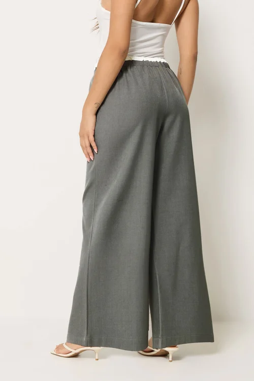 PixieGirl Petite Grey Contrast Waist Wide Leg Trousers - 12/L27 Image 3