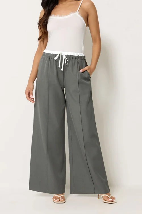 PixieGirl Petite Grey Contrast Waist Wide Leg Trousers - 12/L27 Image 2