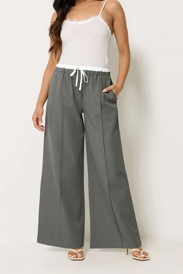 PixieGirl Petite Grey Contrast Waist Wide Leg Trousers