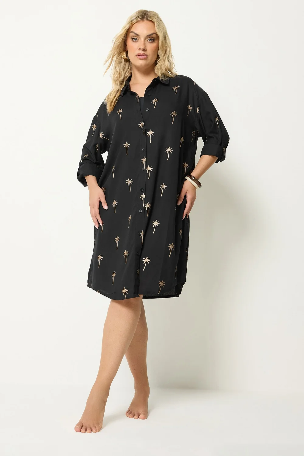 Yours Curve Black & Gold Palm Tree Shirt Dress - 26-28 Image 1