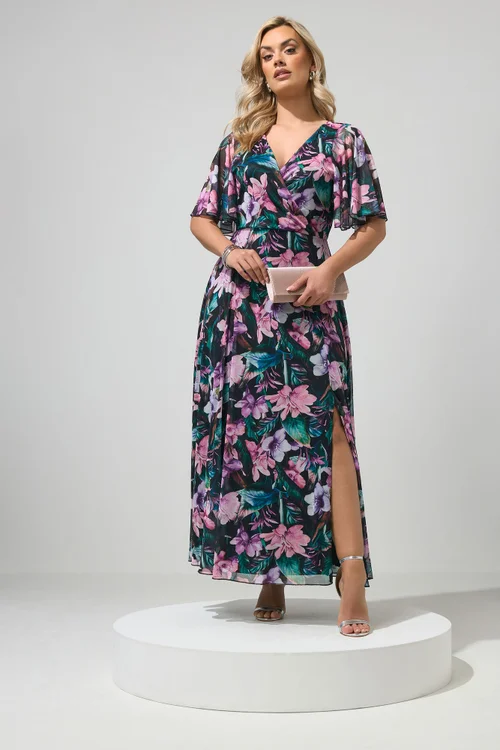 Yours London Curve Black Tropical Mesh Maxi Dress - 20 Image 3