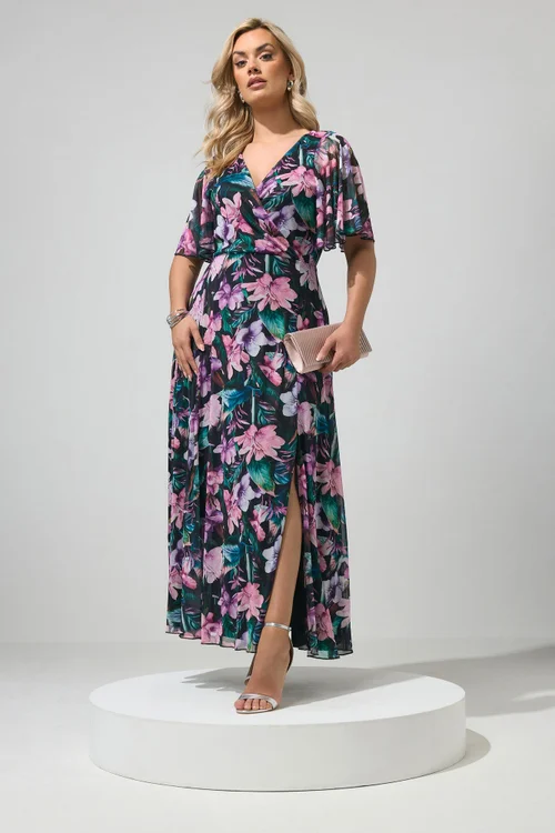 Yours London Curve Black Tropical Mesh Maxi Dress - 20 Image 1