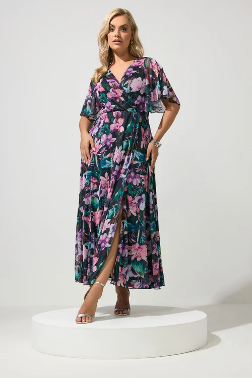 Yours London Curve Black Tropical Mesh Maxi Dress - 20 Image 2