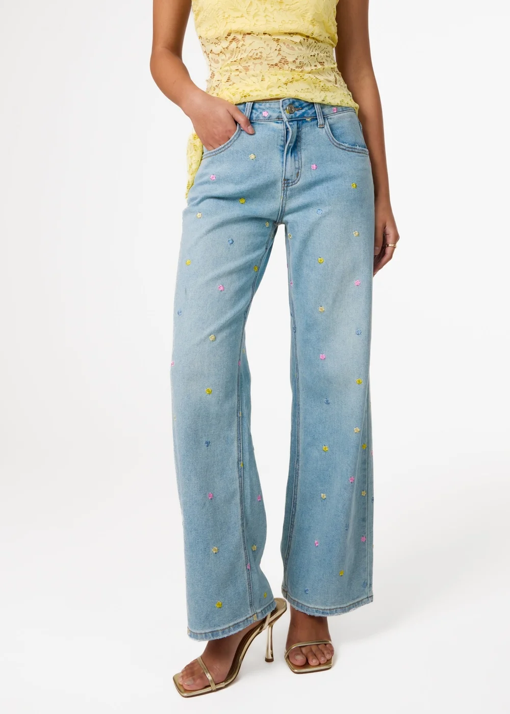 Pink Vanilla Blue Allover Embroidered Flower Wide Leg Jeans - L Image 2