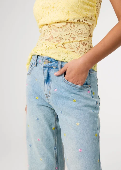 Pink Vanilla Blue Allover Embroidered Flower Wide Leg Jeans - L Image 3