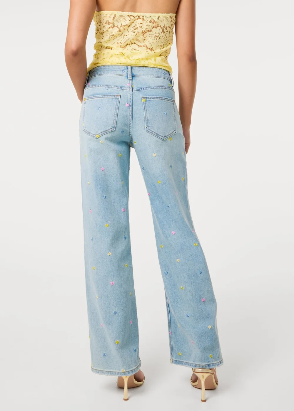 Pink Vanilla Blue Allover Embroidered Flower Wide Leg Jeans - L Image 4