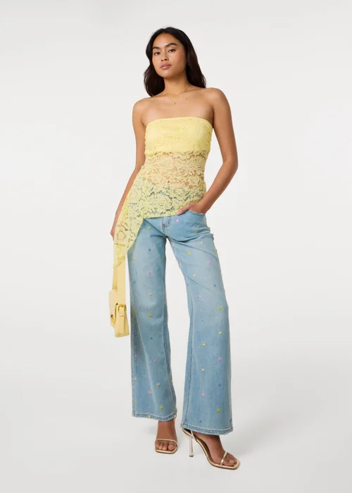 Pink Vanilla Blue Allover Embroidered Flower Wide Leg Jeans - L Image 1