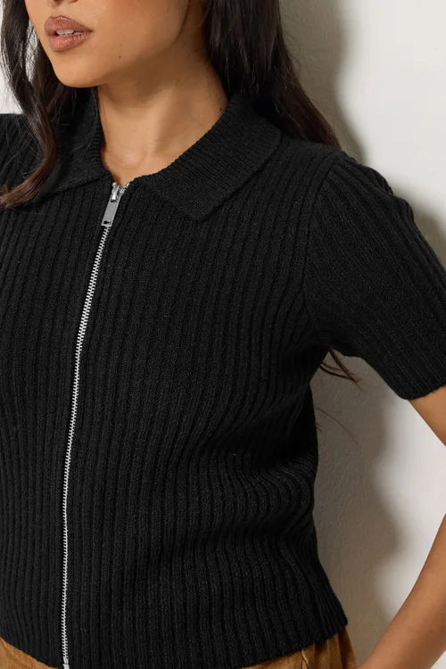 PixieGirl Petite Black Short Sleeve Knitted Zip Cardigan - 6-8 Image 4