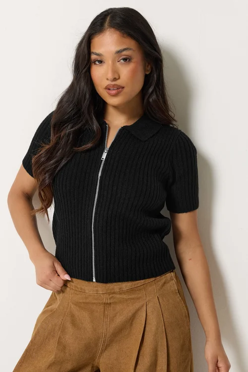 PixieGirl Petite Black Short Sleeve Knitted Zip Cardigan - 6-8 Image 1