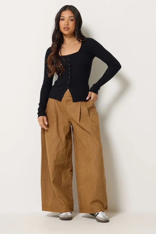 PixieGirl Petite Black Ribbed Button Scoop Neck Jumper