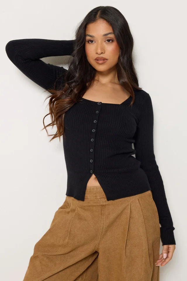 PixieGirl Petite Black Ribbed Button Scoop Neck Jumper