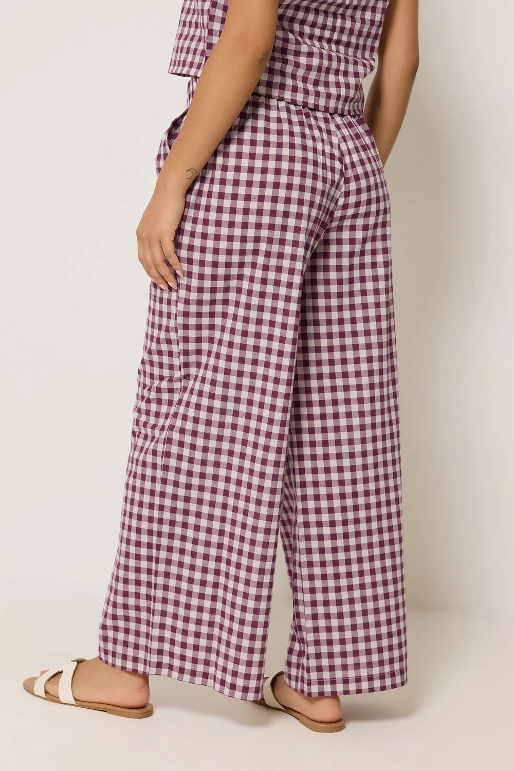 PixieGirl Petite Set Burgundy Red Gingham Cotton Top & Wide Leg Trousers - 14 Image 3