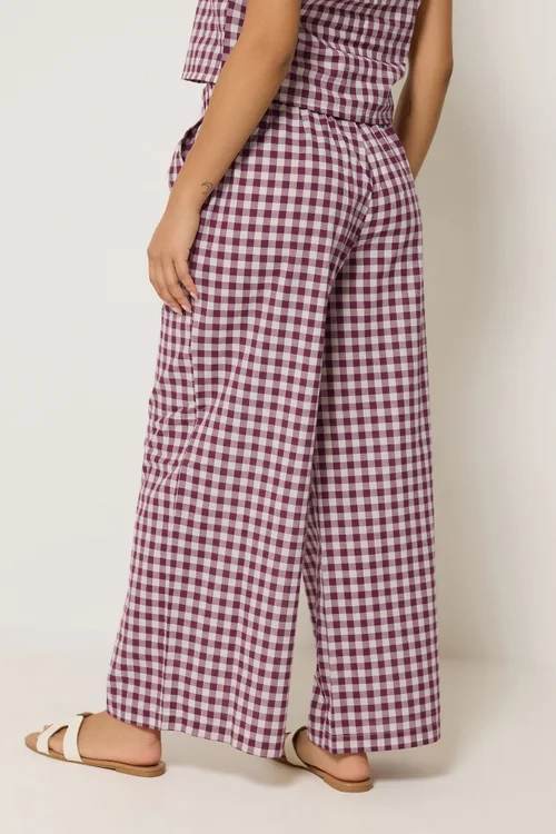 PixieGirl Petite Set Burgundy Red Gingham Cotton Top & Wide Leg Trousers - 14 Image 3