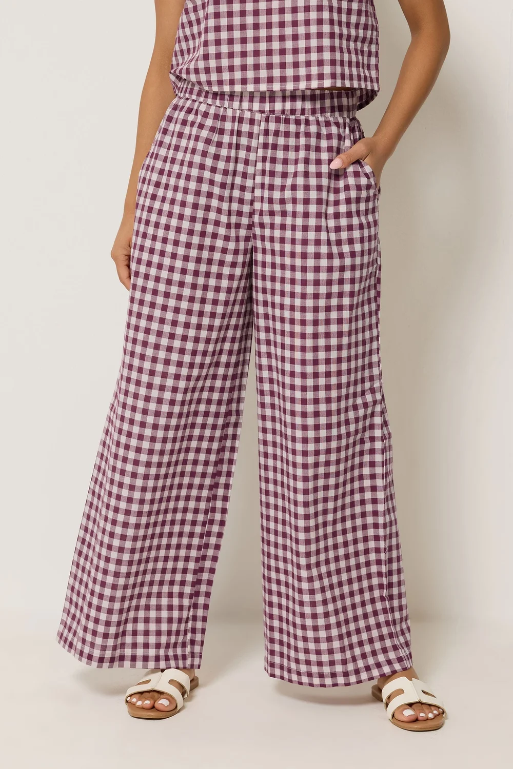 PixieGirl Petite Set Burgundy Red Gingham Cotton Top & Wide Leg Trousers - 14 Image 2