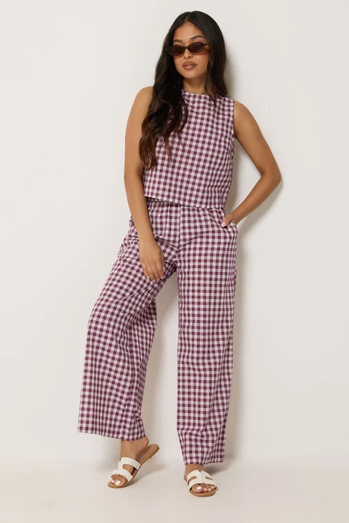 PixieGirl Petite Set Burgundy Red Gingham Cotton Top & Wide Leg Trousers - 14 Image 1