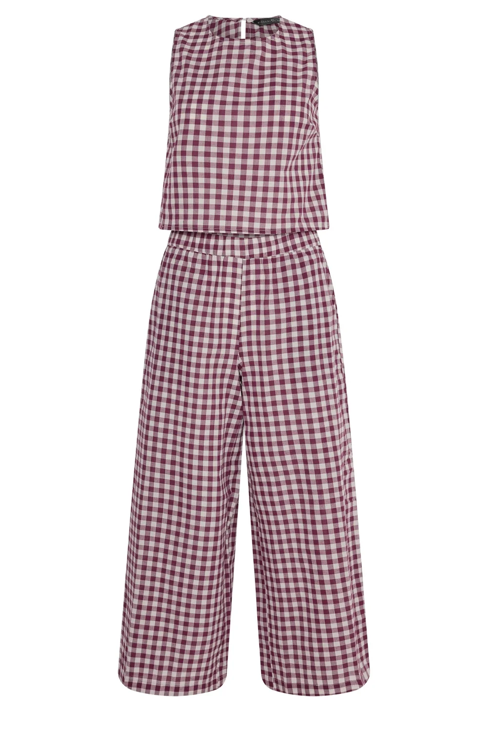 PixieGirl Petite Set Burgundy Red Gingham Cotton Top & Wide Leg Trousers - 14 Image 5