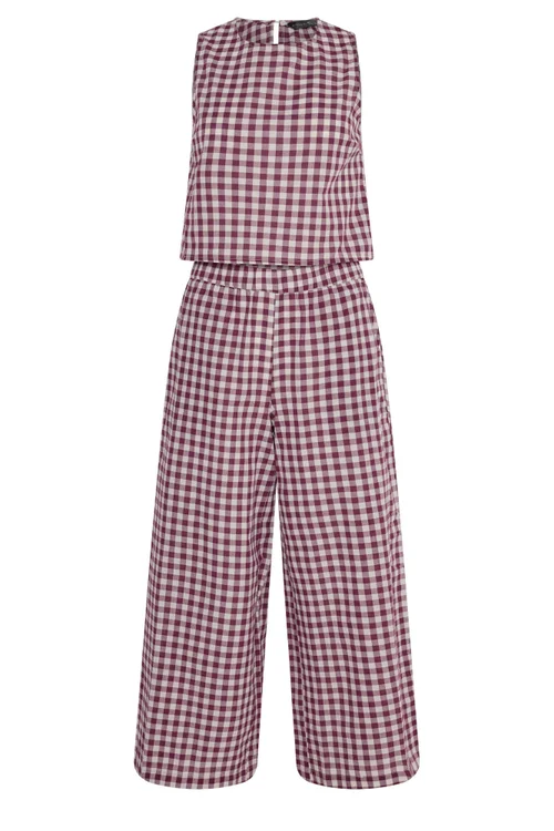 PixieGirl Petite Set Burgundy Red Gingham Cotton Top & Wide Leg Trousers - 14 Image 5