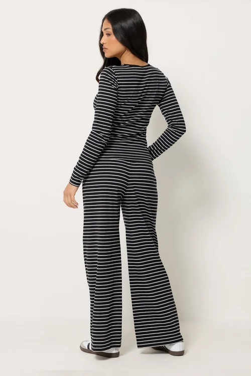 PixieGirl Petite Set Black Stripe Cotton Button Top & Wide Leg Trousers - 10 Image 3