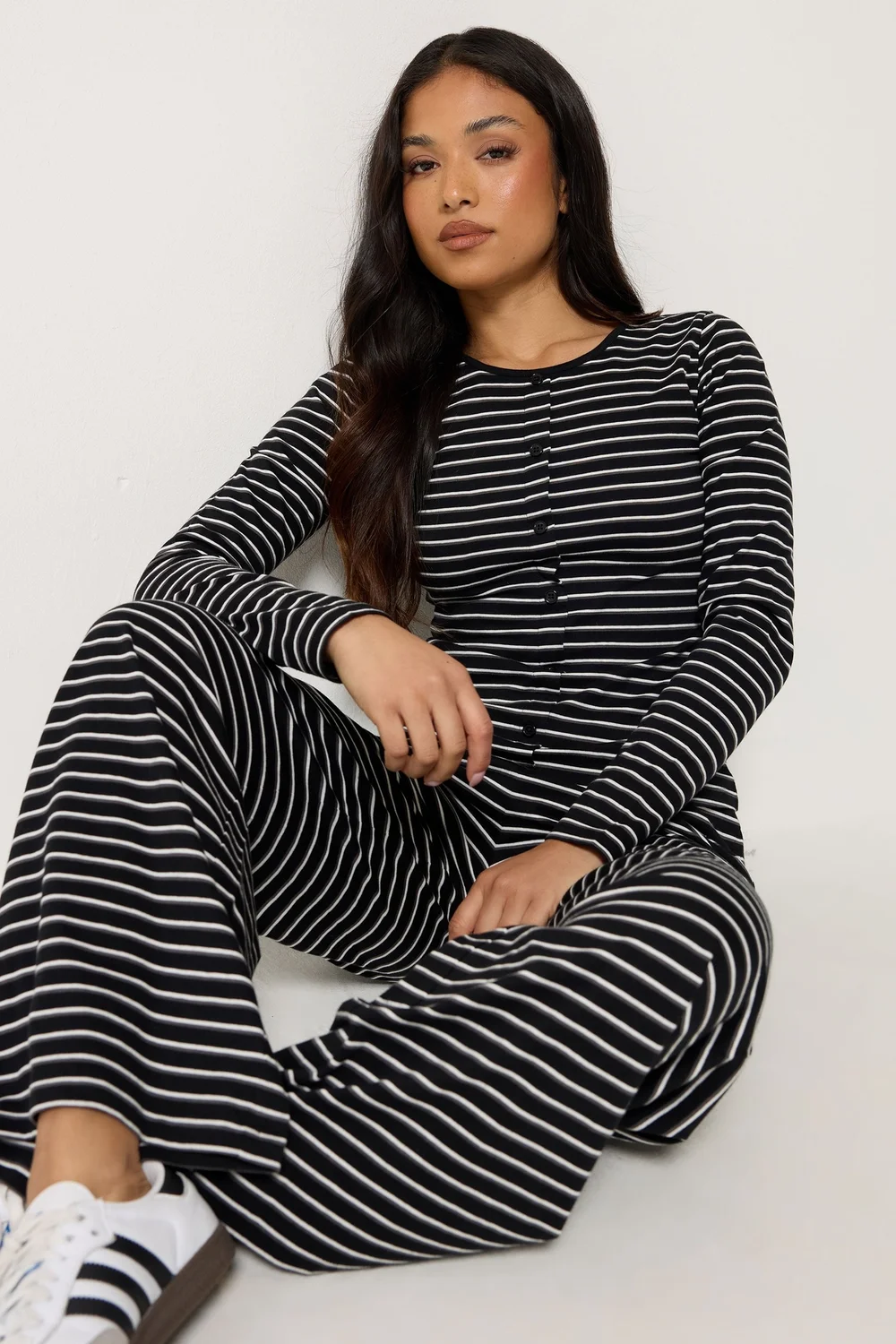 PixieGirl Petite Set Black Stripe Cotton Button Top & Wide Leg Trousers - 10 Image 2