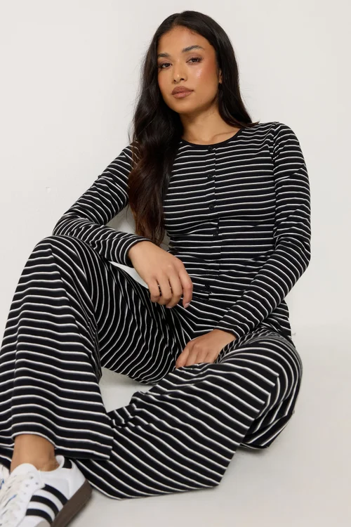 PixieGirl Petite Set Black Stripe Cotton Button Top & Wide Leg Trousers - 10 Image 2