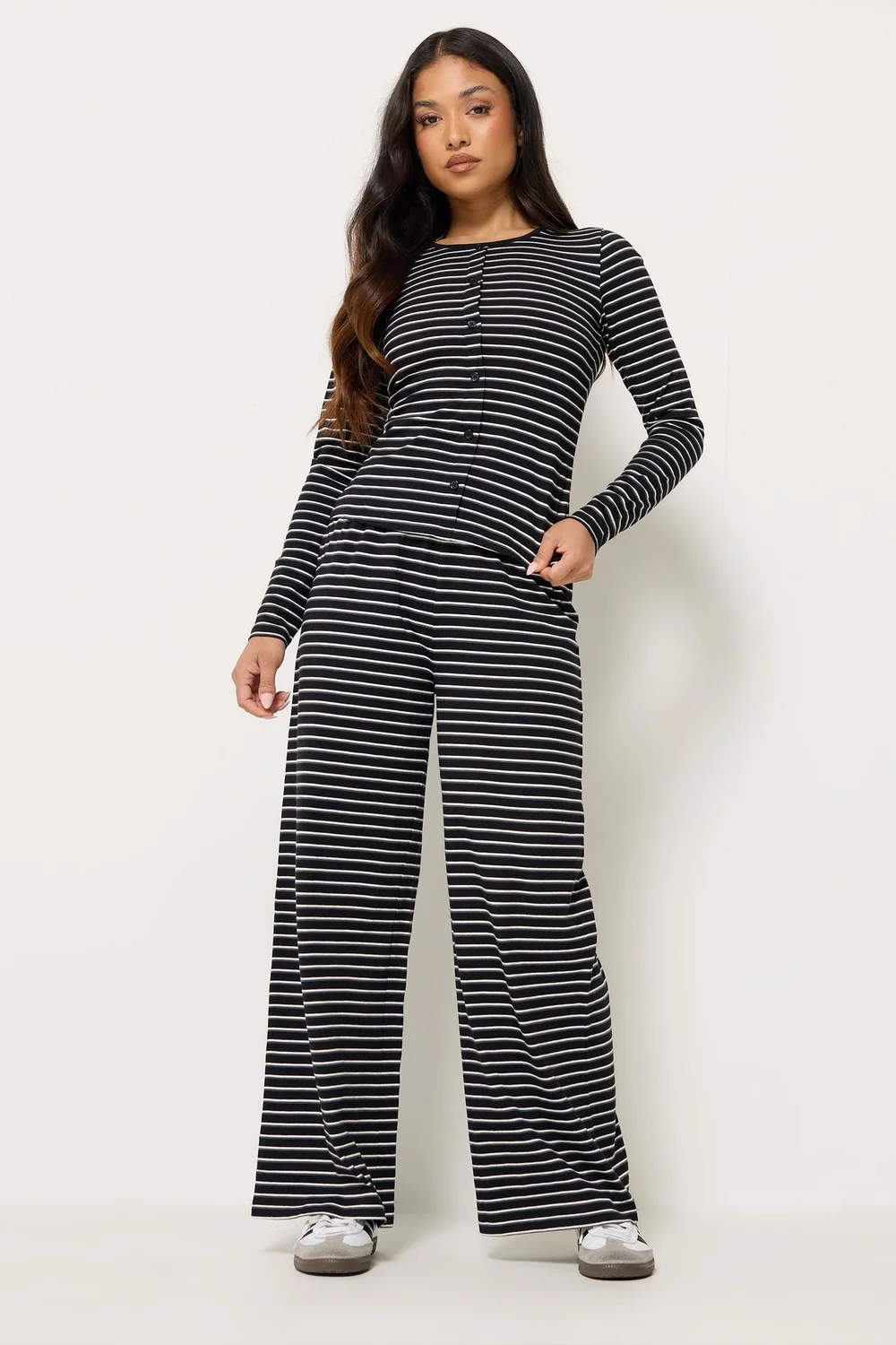 PixieGirl Petite Set Black Stripe Cotton Button Top & Wide Leg Trousers - 10 Image 1