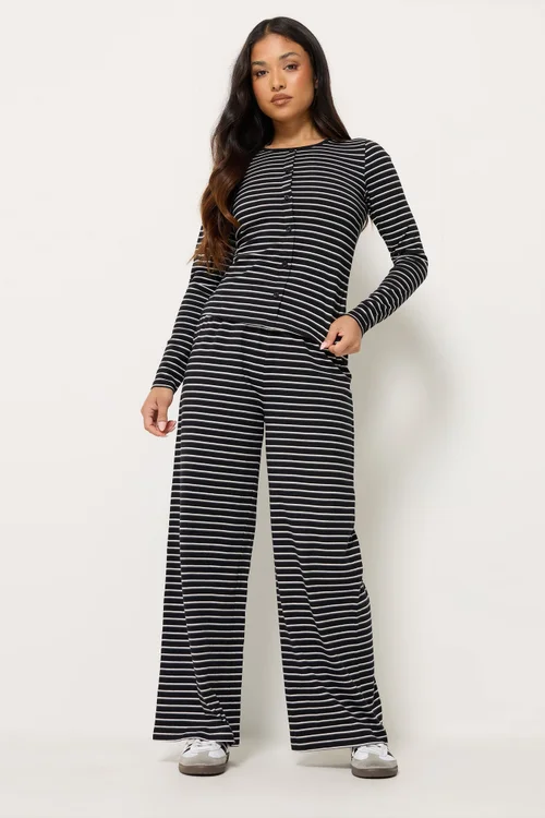 PixieGirl Petite Set Black Stripe Cotton Button Top & Wide Leg Trousers - 10 Image 1