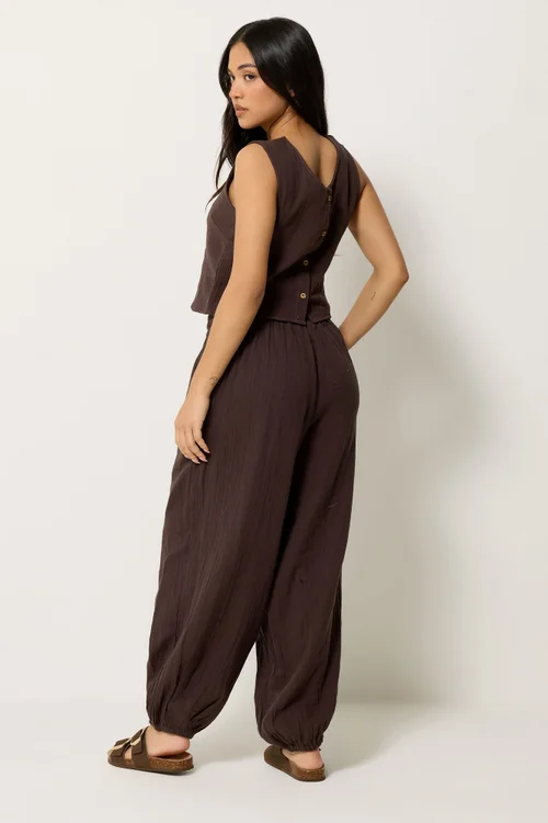 PixieGirl Petite Set Chocolate Brown Cotton Cheesecloth Top & Balloon Trousers - 12 Image 3