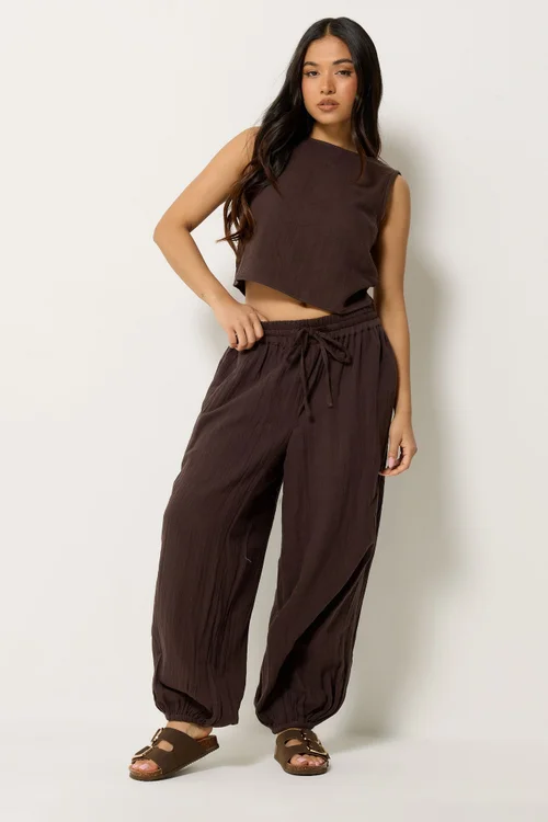PixieGirl Petite Set Chocolate Brown Cotton Cheesecloth Top & Balloon Trousers - 12 Image 1