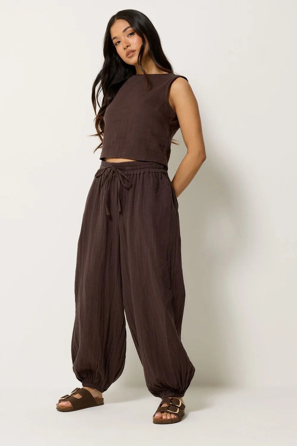 PixieGirl Petite Set Chocolate Brown Cotton Cheesecloth Top & Balloon Trousers - 12 Image 2