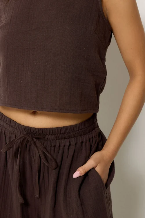 PixieGirl Petite Set Chocolate Brown Cotton Cheesecloth Top & Balloon Trousers - 12 Image 4