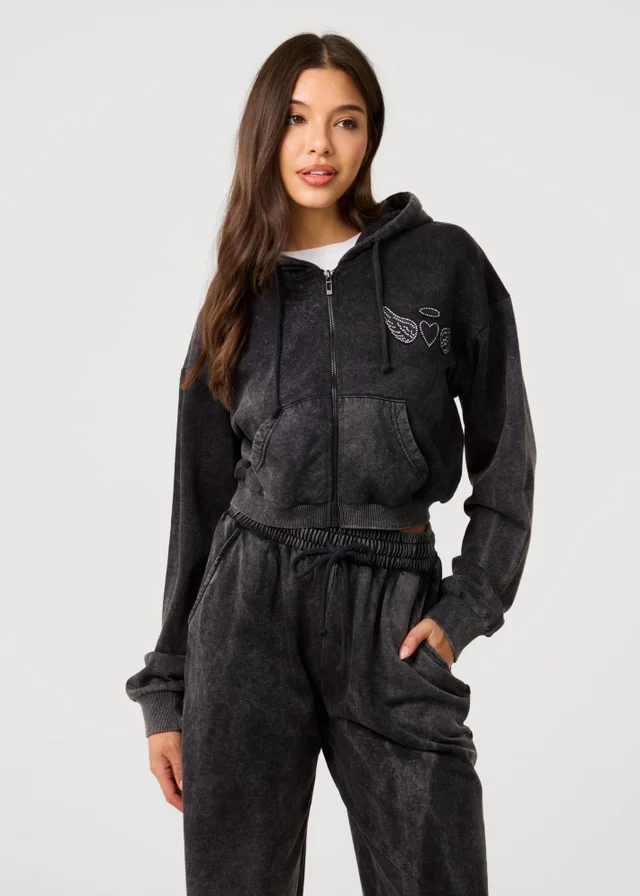 Pink Vanilla Black Halo Diamante Heart Zip Up Hoodie
