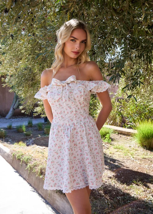 Pink Vanilla Cream Ditsy Off The Shoulder Mini Dress - 10 Image 1