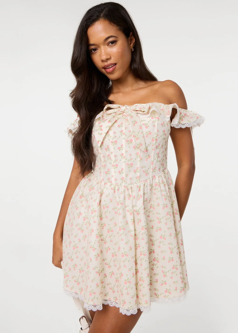 Pink Vanilla Cream Ditsy Off The Shoulder Mini Dress - 10 Image 3