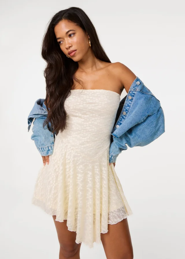 Pink Vanilla Cream Lace Asymmetric Mini Dress
