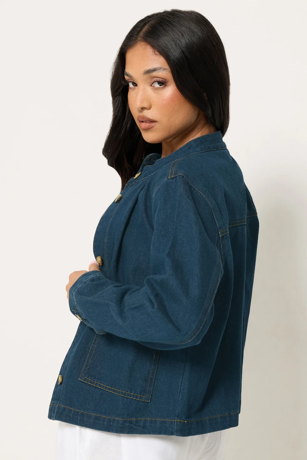 PixieGirl Petite Indigo Blue Collarless Denim Jacket - 12 Image 4