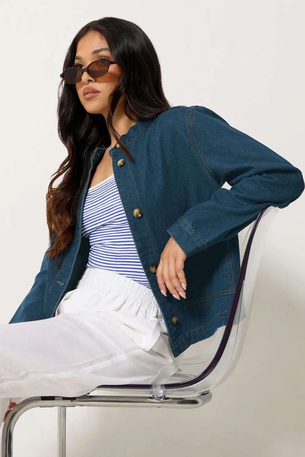 PixieGirl Petite Indigo Blue Collarless Denim Jacket - 12 Image 1