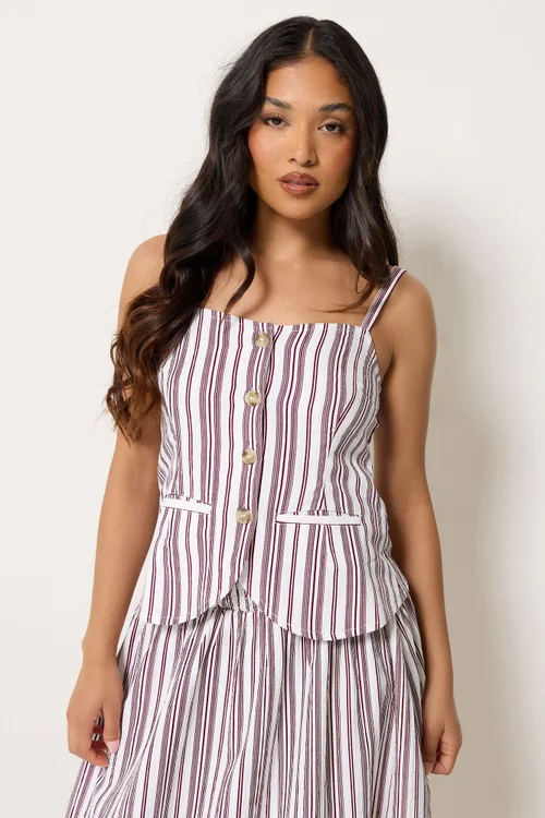 PixieGirl Petite Burgundy Red Stripe Button Cami Top - 6 Image 1