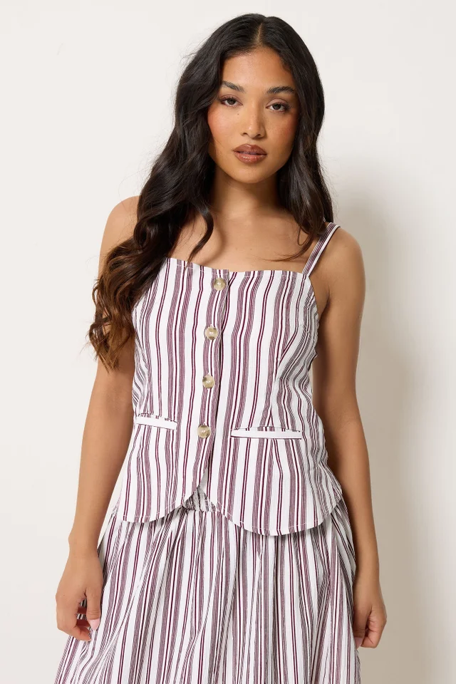 PixieGirl Petite Burgundy Red Stripe Button Cami Top