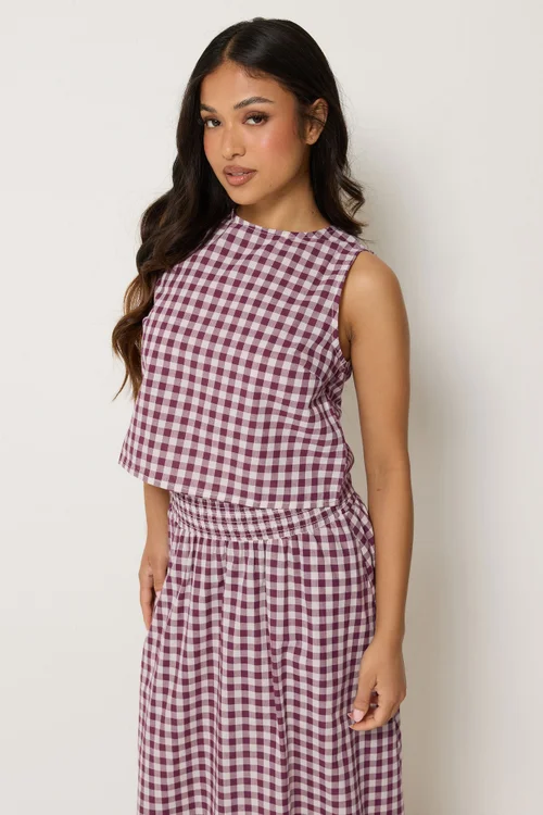 PixieGirl Petite Burgundy Red Cotton Gingham Top - 18 Image 1