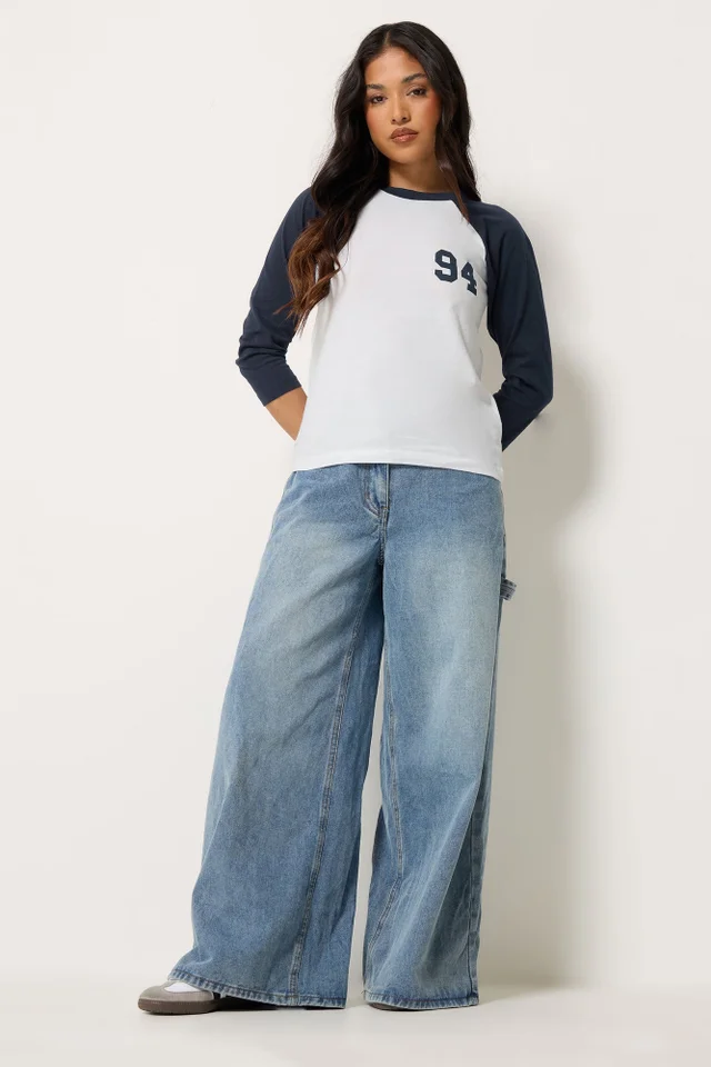 PixieGirl Petite Navy Blue '94' Slogan Cotton Raglan T-Shirt