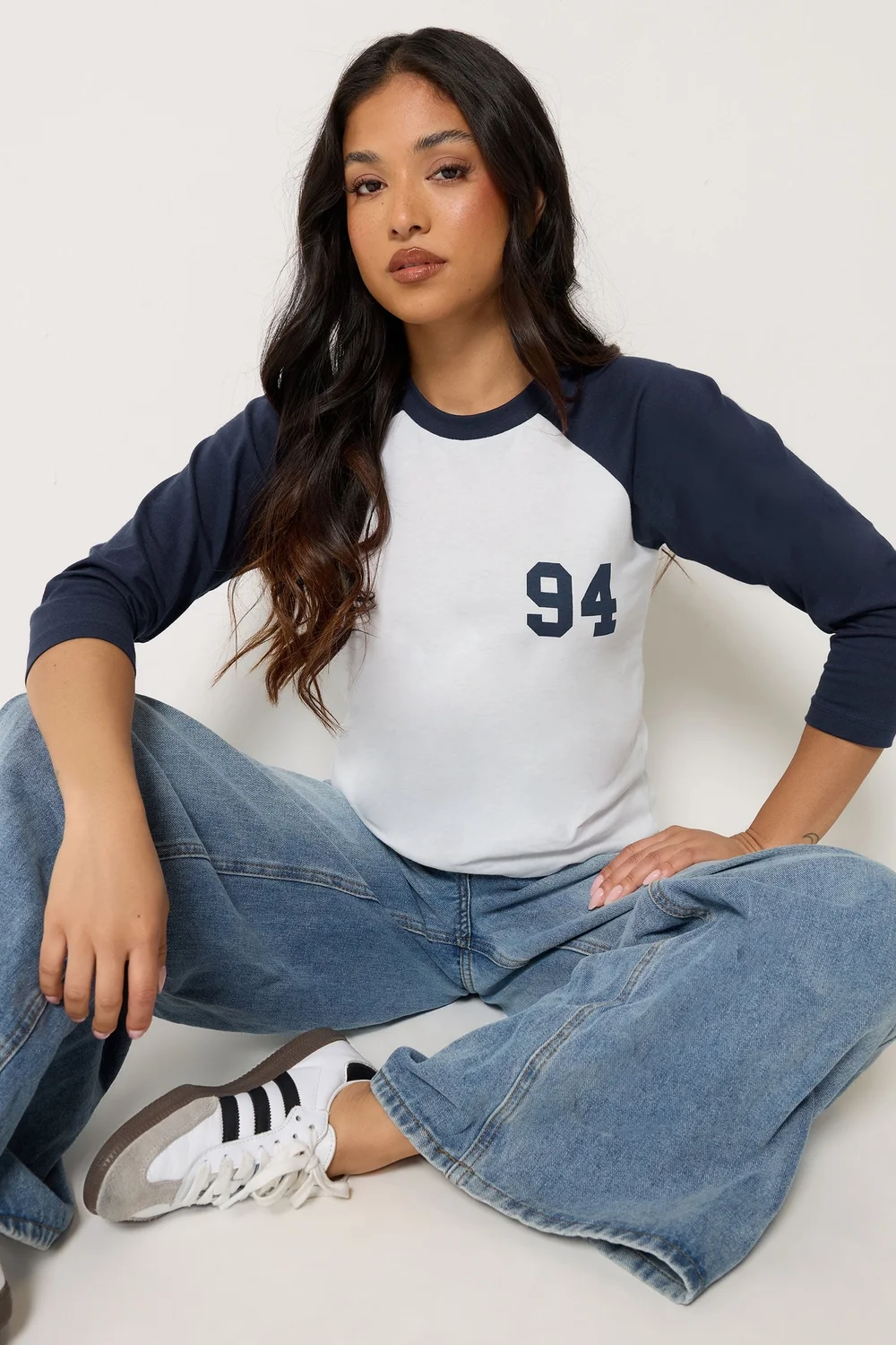 PixieGirl Petite Navy Blue '94' Slogan Cotton Raglan T-Shirt - 12 Image 1