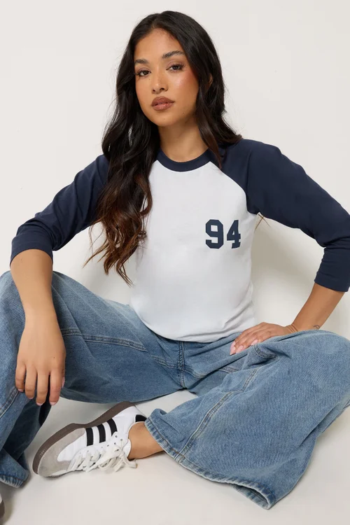 PixieGirl Petite Navy Blue '94' Slogan Cotton Raglan T-Shirt - 12 Image 1